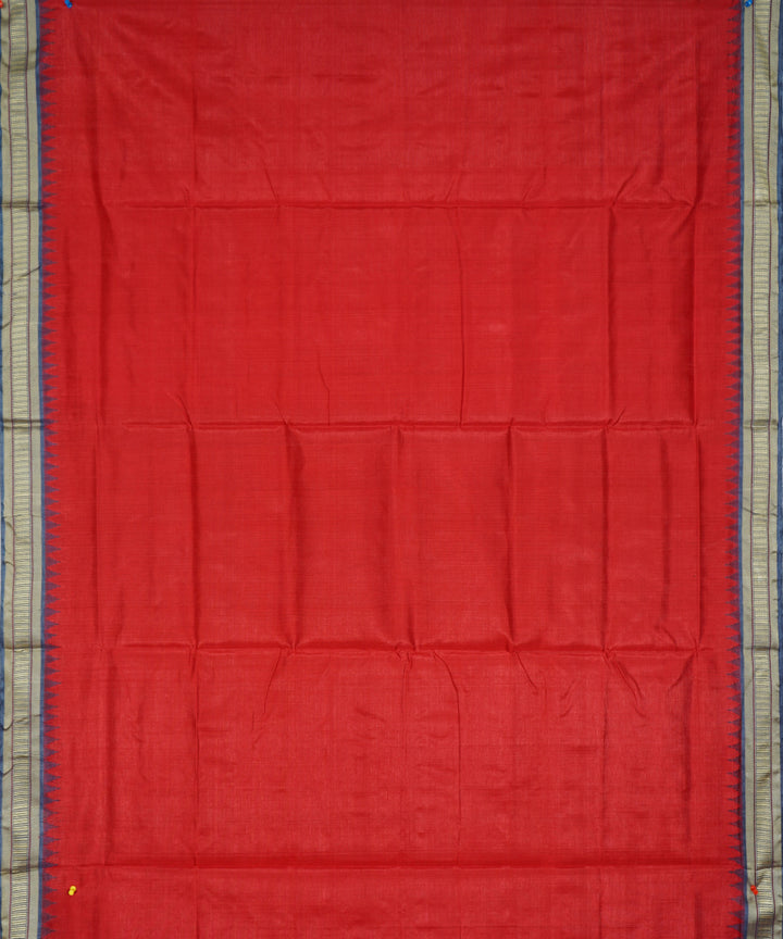 Serifed red blue tussar silk handloom saree