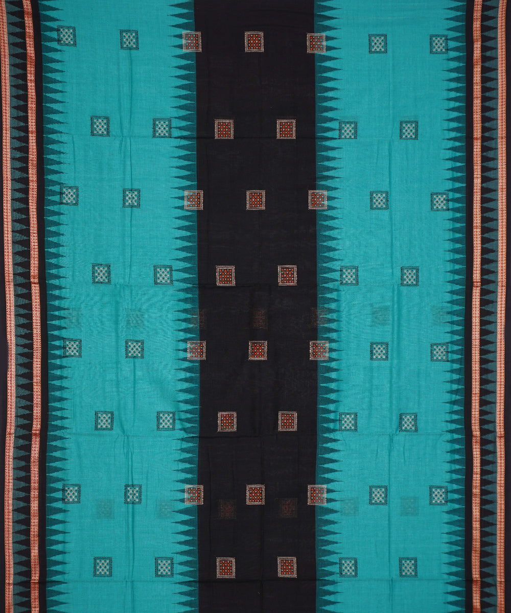 Cyan blue black handloom cotton bomkai saree
