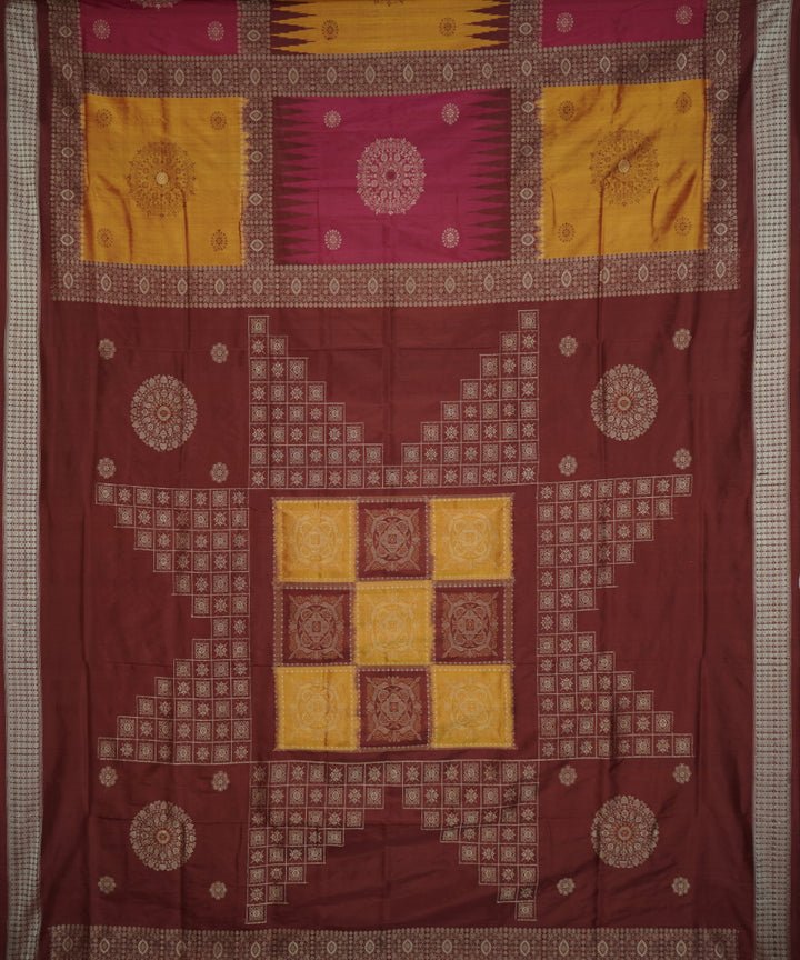 Mustard, pink and maroon silk handloom bomkai saree