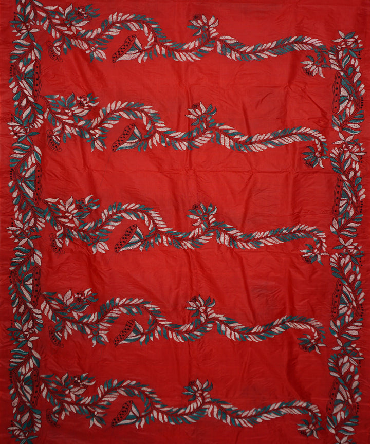 Red hand embroidery tussar silk kantha stitch saree