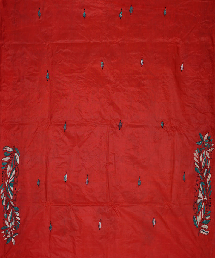 Red hand embroidery tussar silk kantha stitch saree