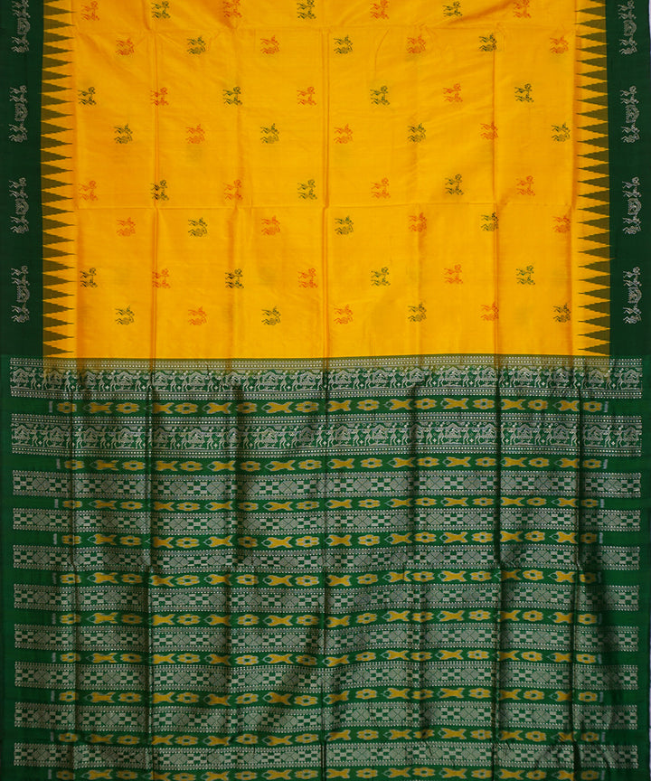 Golden yellow dark green handwoven silk bomkai saree