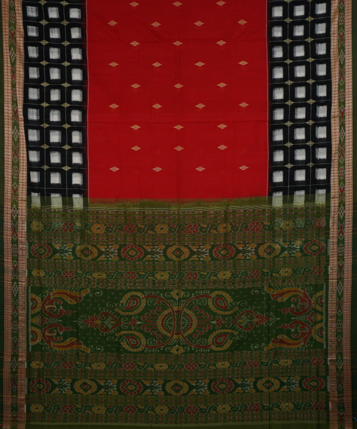 Dark red and green cotton handwoven sambalpuri saree