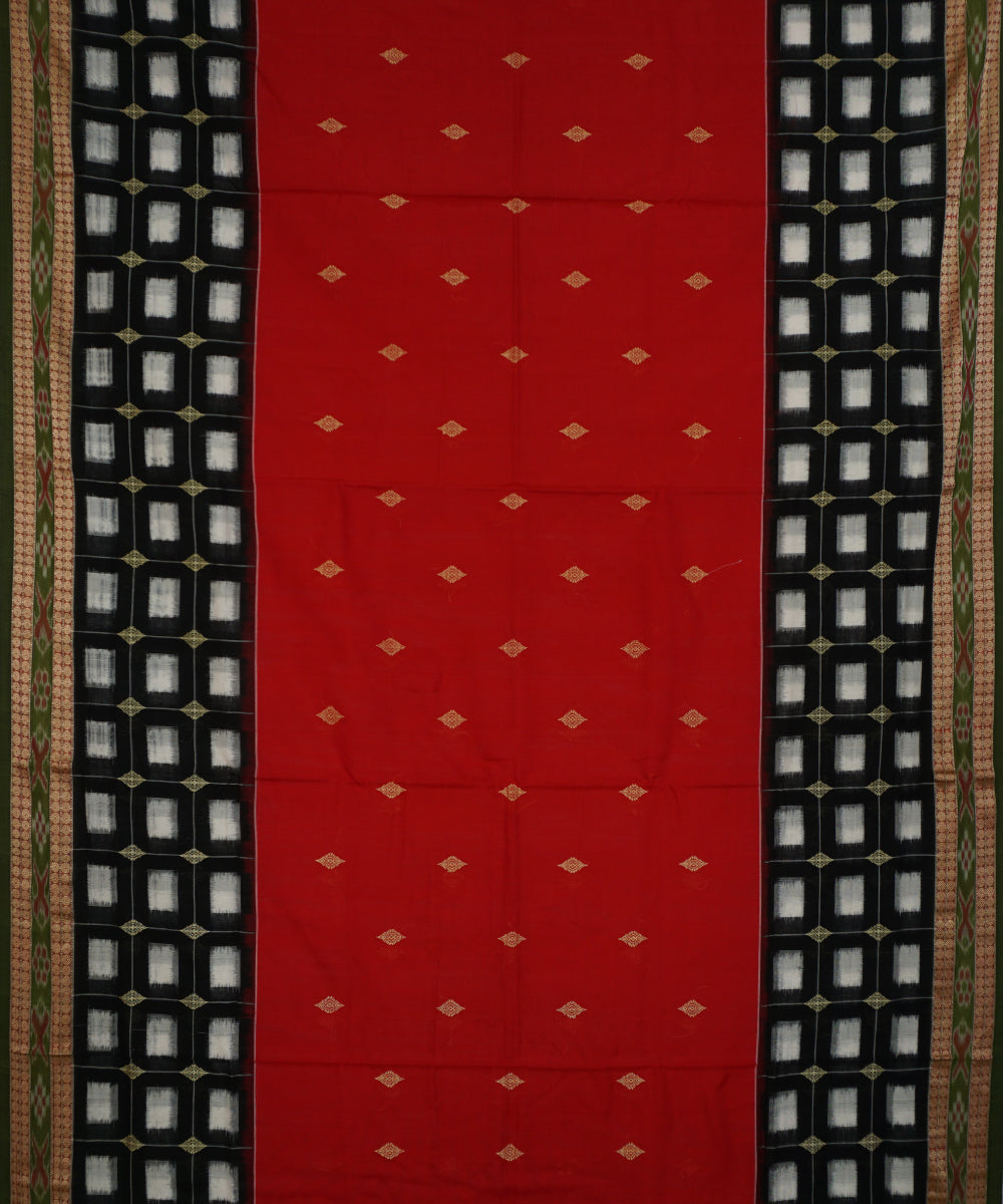 Dark red and green cotton handwoven sambalpuri saree