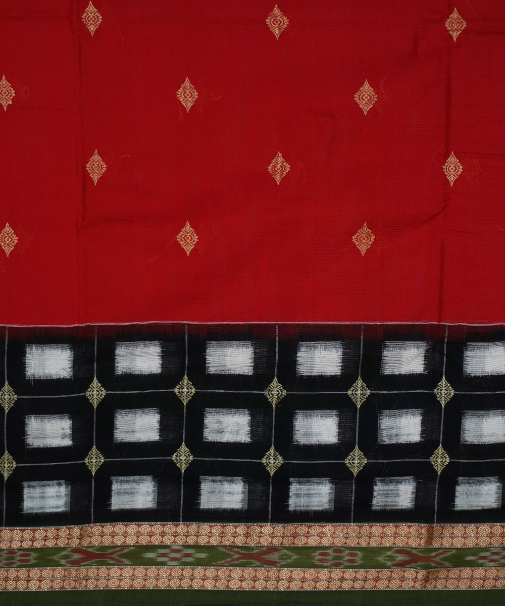 Dark red and green cotton handwoven sambalpuri saree
