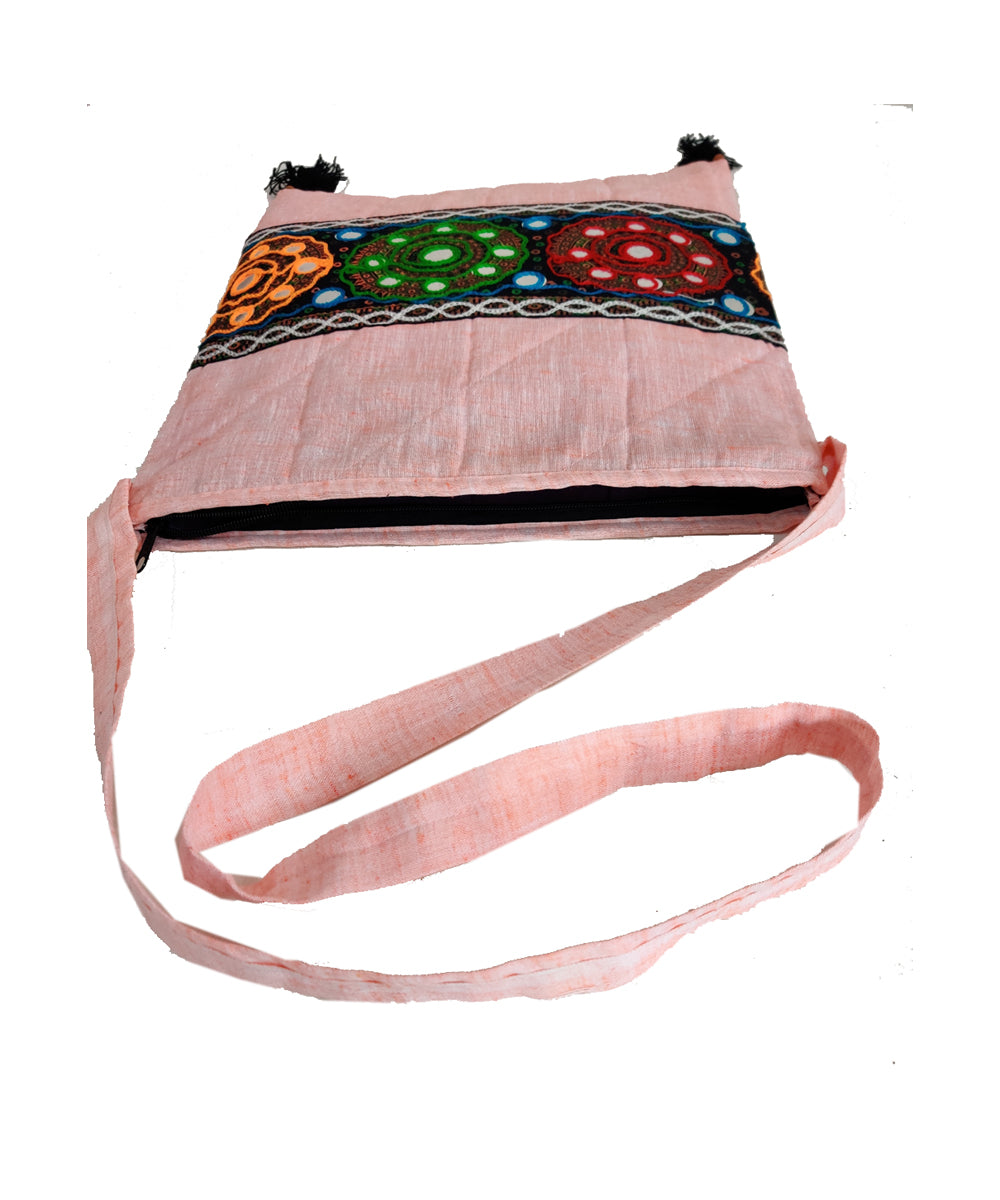 Peach hand embroidery cotton sling bag