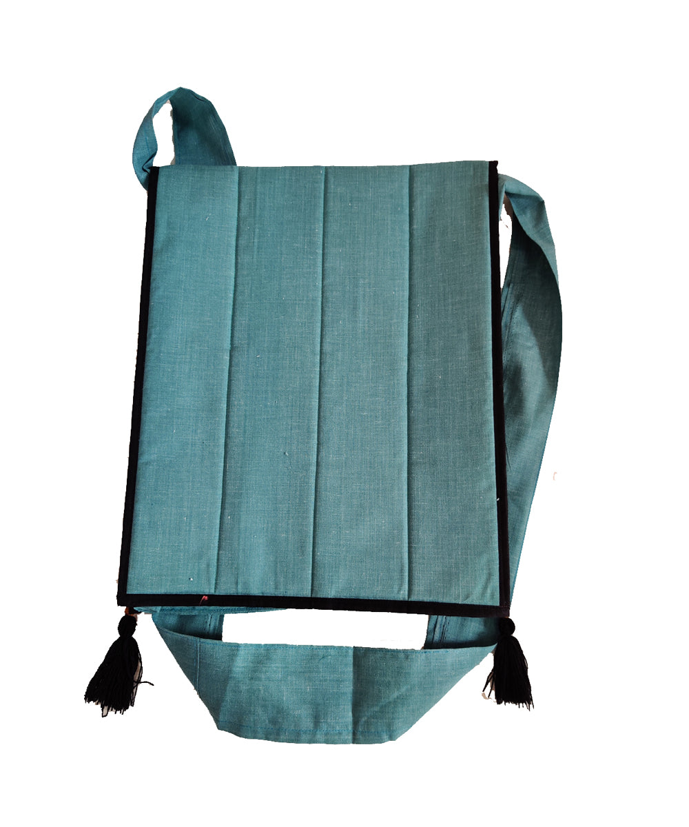 Teal blue hand embroidery cotton sling bag