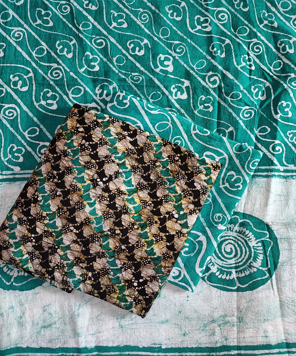 3pc Cyan green white handspun handwoven cotton batik dress material   GoSwadeshi