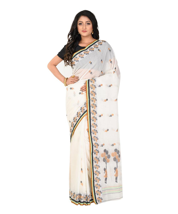 White brown handwoven cotton tangail saree