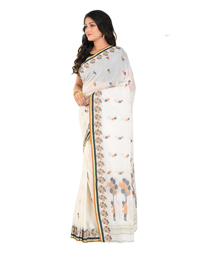 White brown handwoven cotton tangail saree