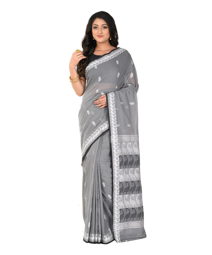 Grey black handloom cotton tangail saree