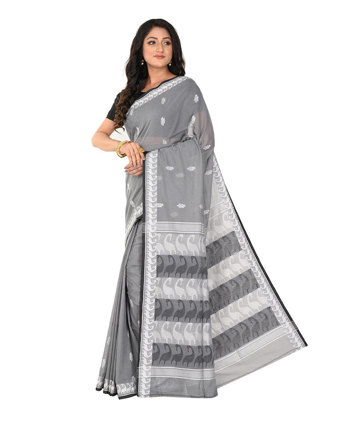 Grey black handloom cotton tangail saree