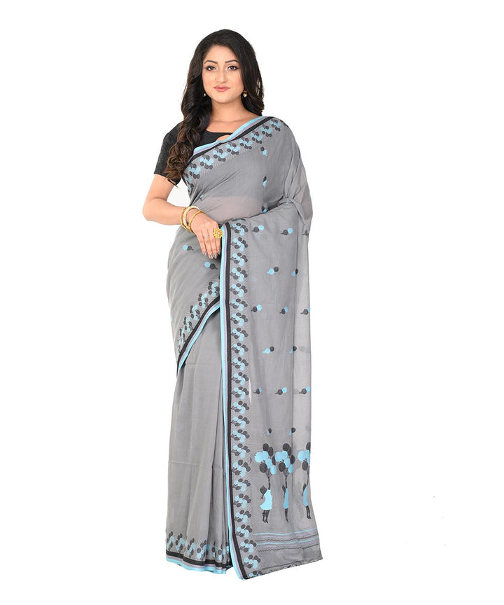 Grey black handwoven cotton tangail saree