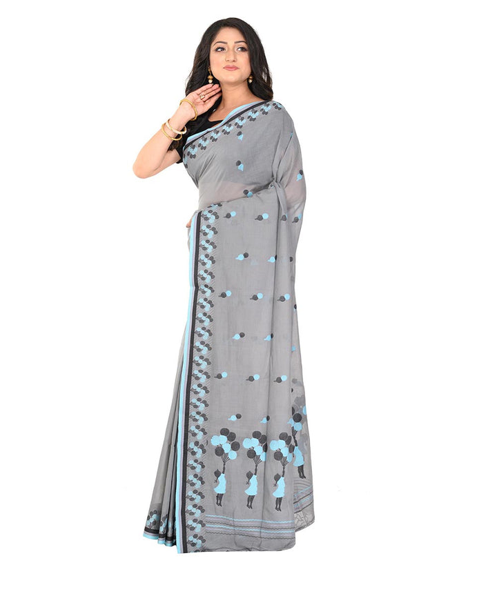 Grey black handwoven cotton tangail saree
