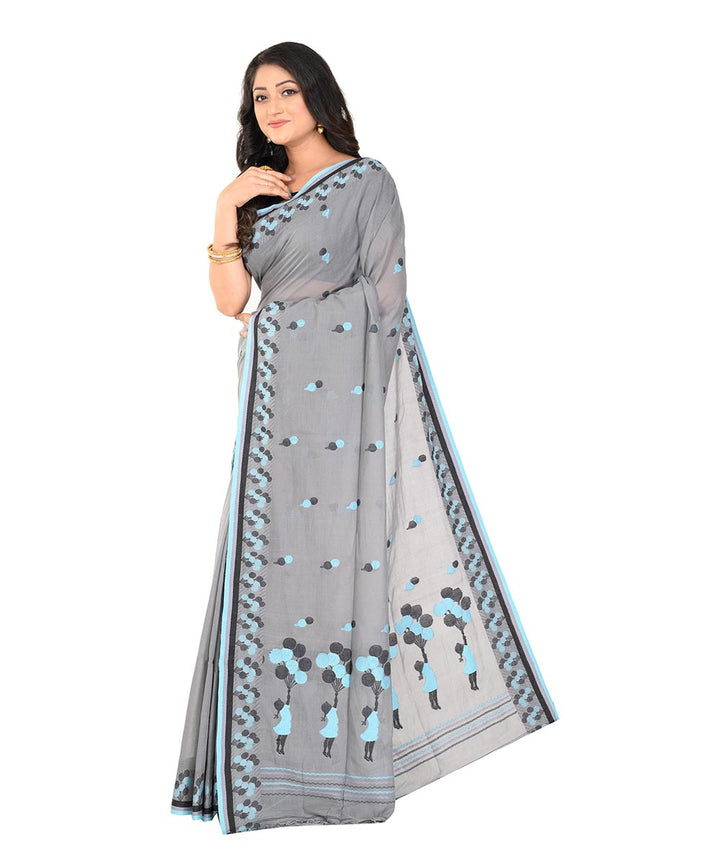 Grey black handwoven cotton tangail saree