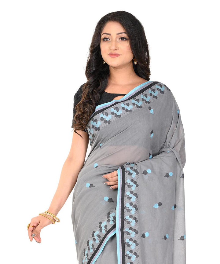 Grey black handwoven cotton tangail saree