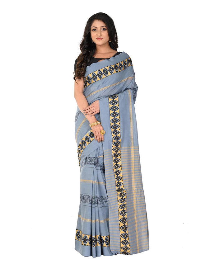 Grey black hand woven cotton tangail saree