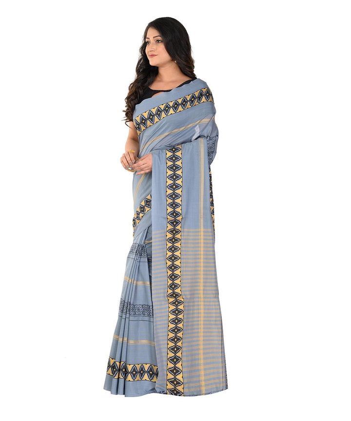 Grey black hand woven cotton tangail saree