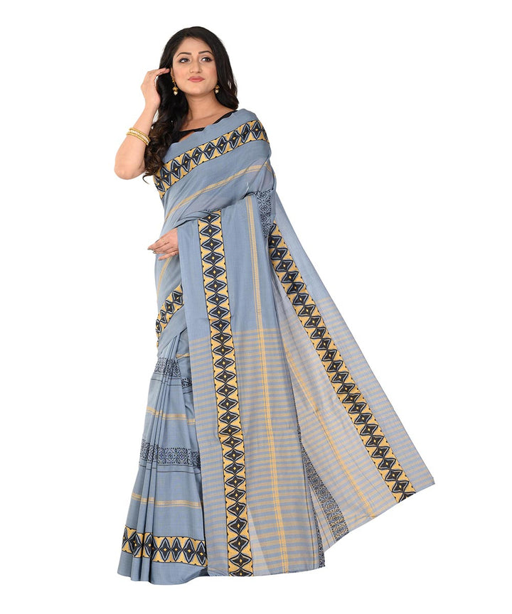 Grey black hand woven cotton tangail saree
