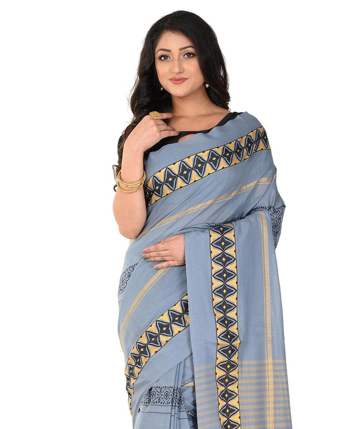Grey black hand woven cotton tangail saree