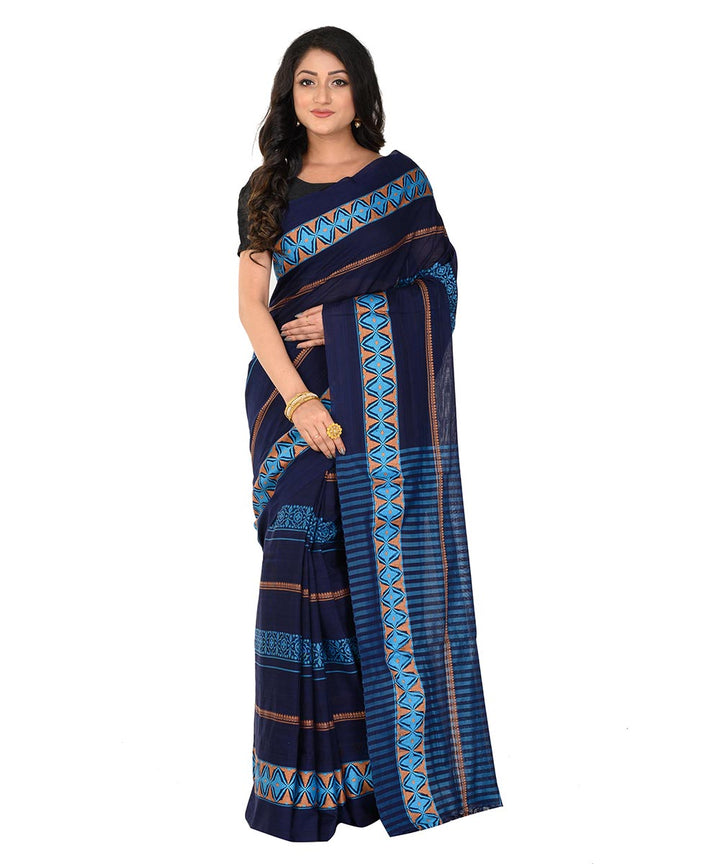 Navy blue handwoven cotton tangail saree