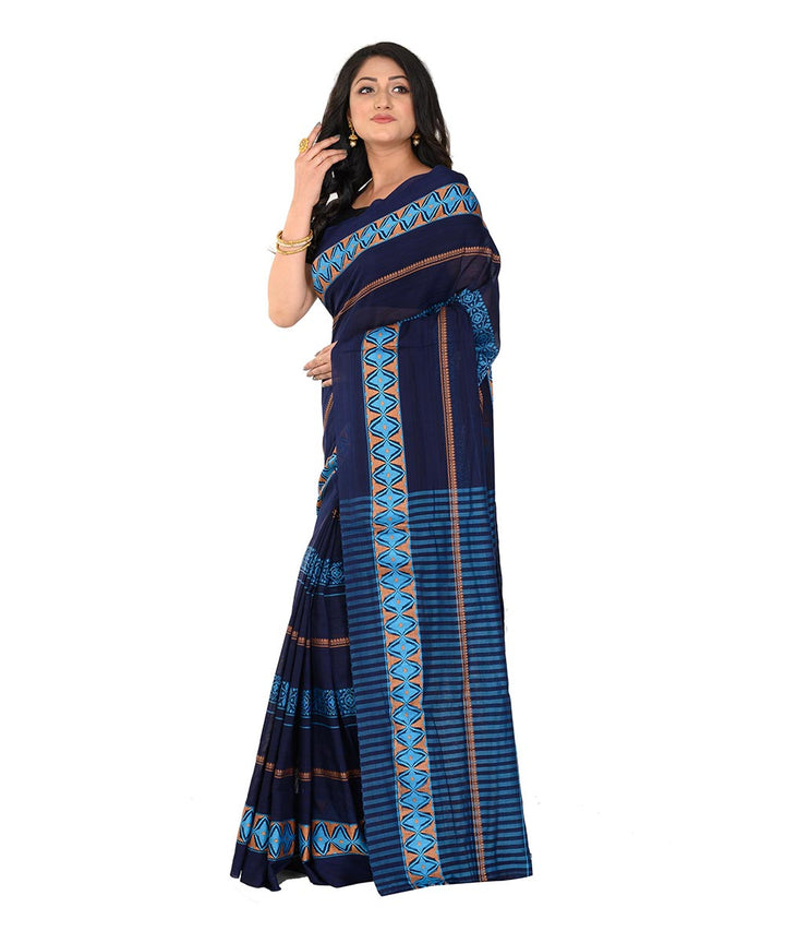 Navy blue handwoven cotton tangail saree