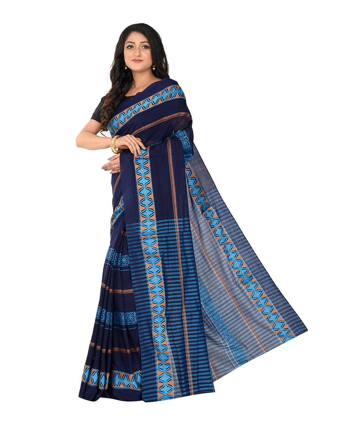 Navy blue handwoven cotton tangail saree