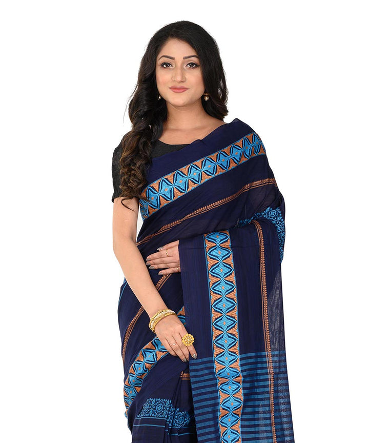 Navy blue handwoven cotton tangail saree