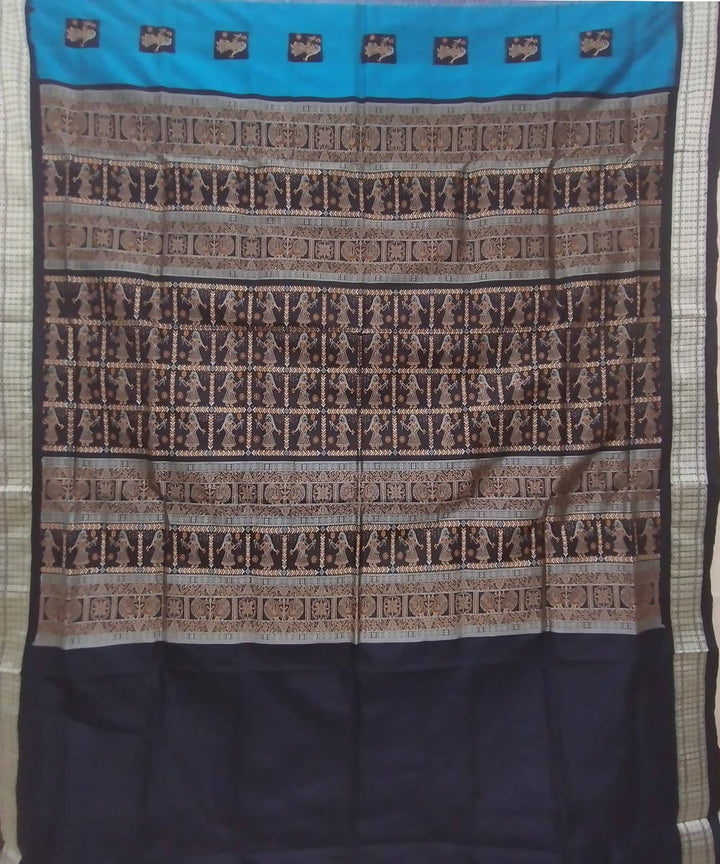 Sky blue black handmade bomkai silk saree