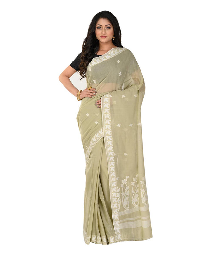 Khaki green handwoven cotton tangail saree