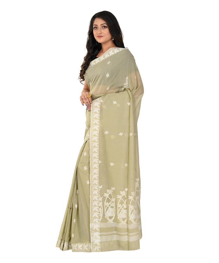 Khaki green handwoven cotton tangail saree