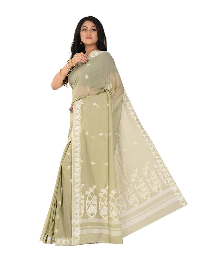 Khaki green handwoven cotton tangail saree
