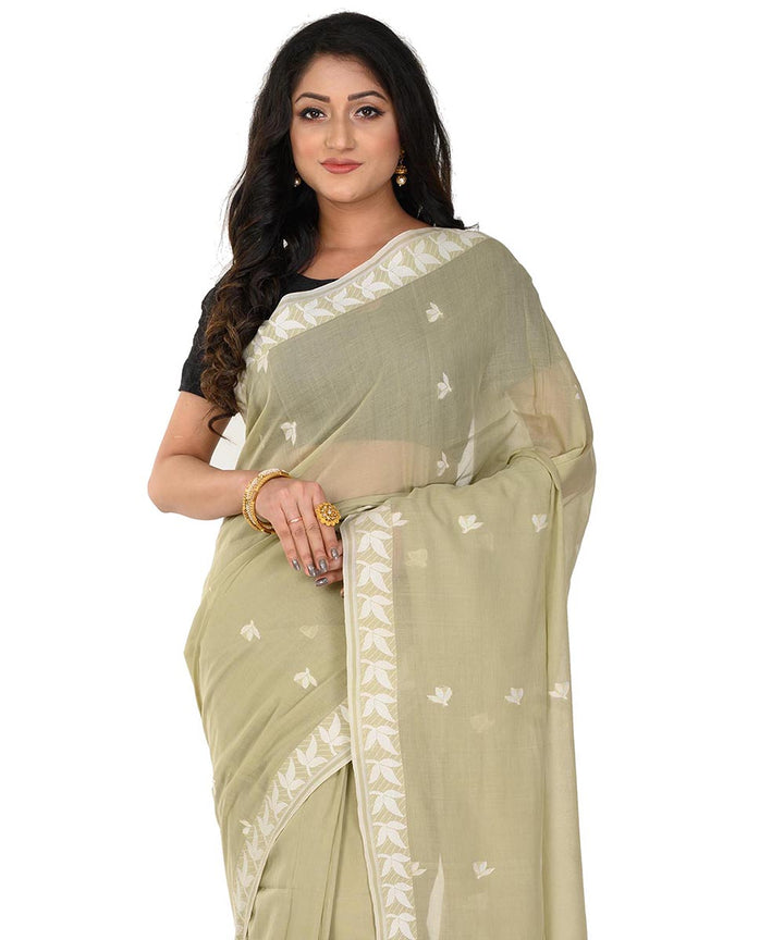 Khaki green handwoven cotton tangail saree