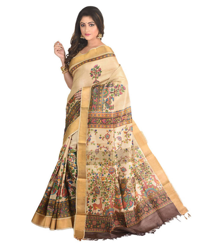 Tasar Natural Color hand block print handwoven mulberry and tussar silk saree