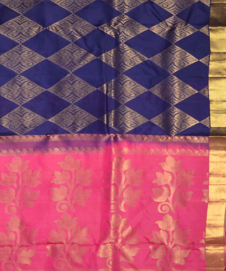Navy Blue Pink Handloom Brocade Work Soft Silk Saree