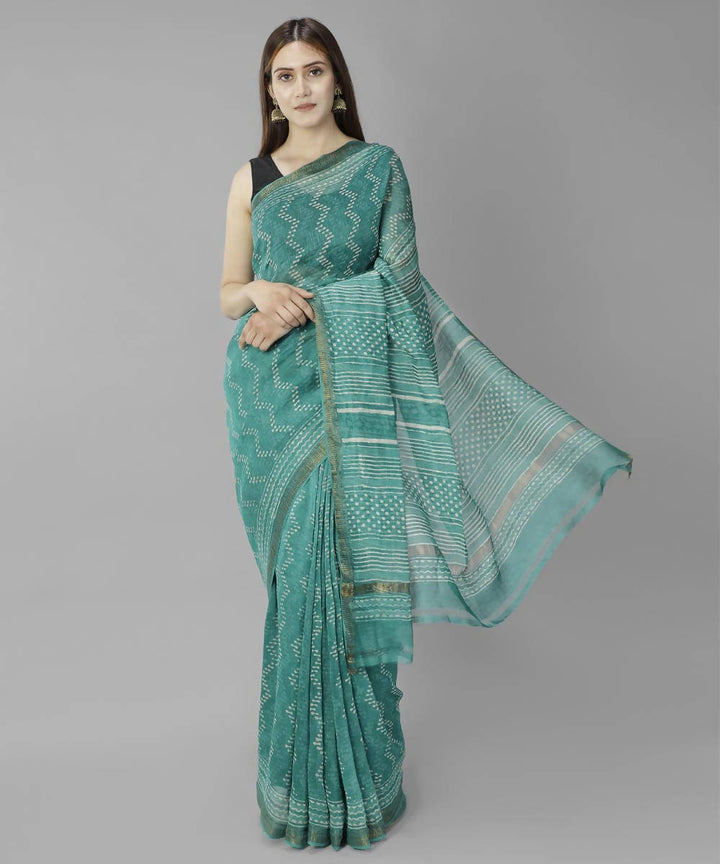 Teal green bagru handblock printed linen saree
