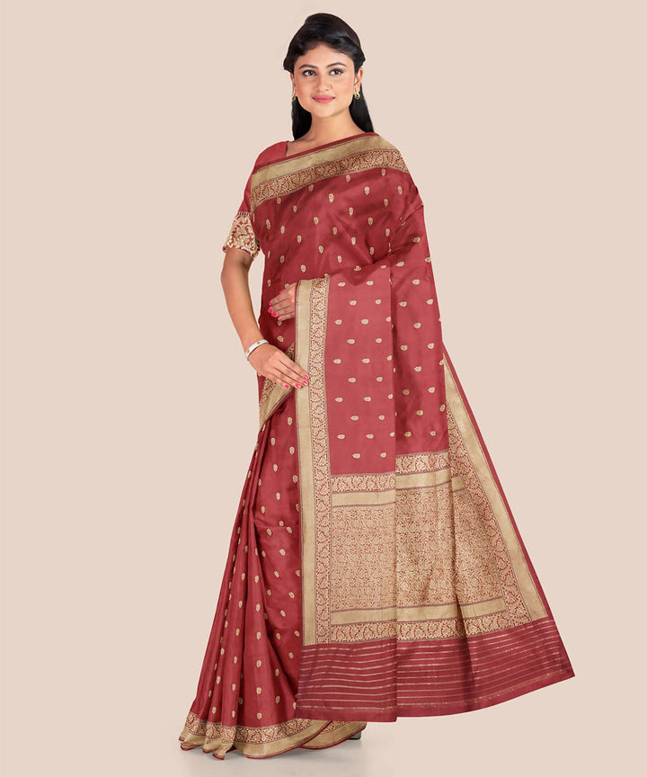 Rust handwoven banarasi katan silk saree