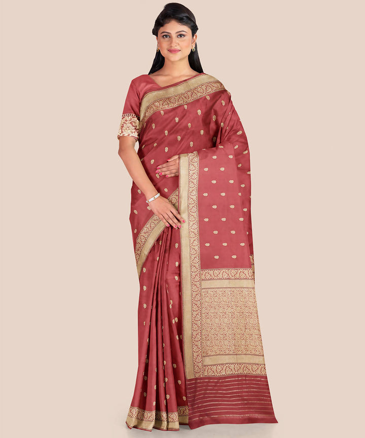 Rust handwoven banarasi katan silk saree