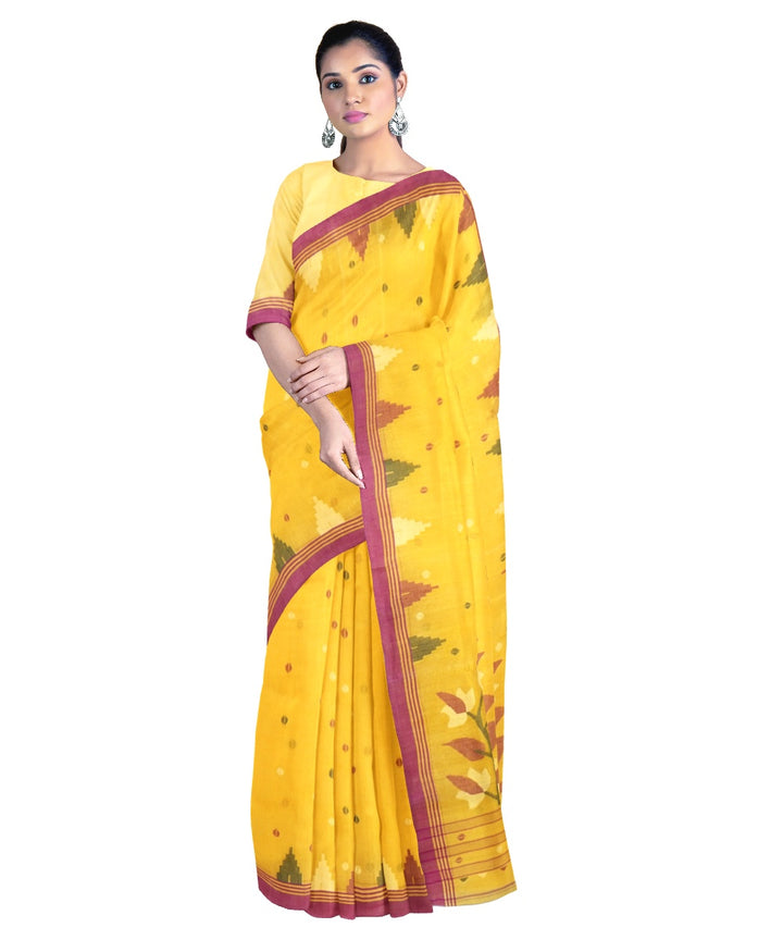 Tantuja yellow handloom cotton silk jamdani saree