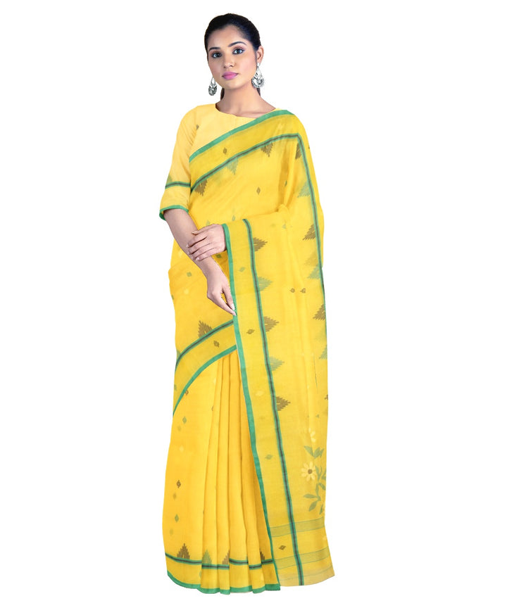 Tantuja yellow and green handloom cotton jamdani saree
