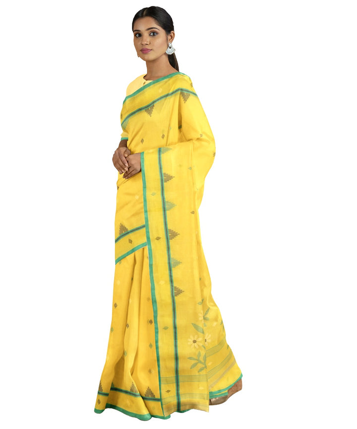 Tantuja yellow and green handloom cotton jamdani saree