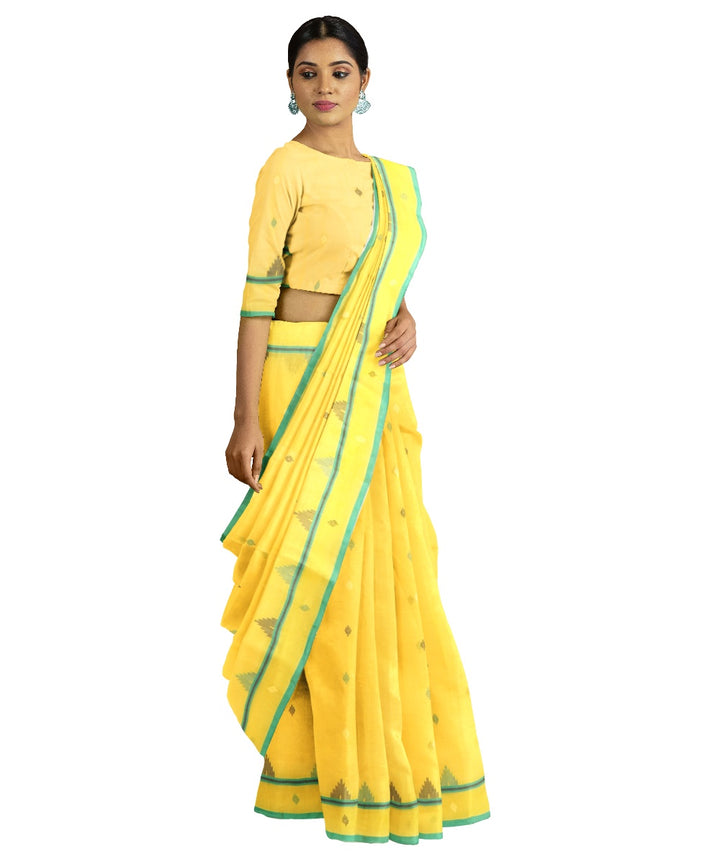 Tantuja yellow and green handloom cotton jamdani saree