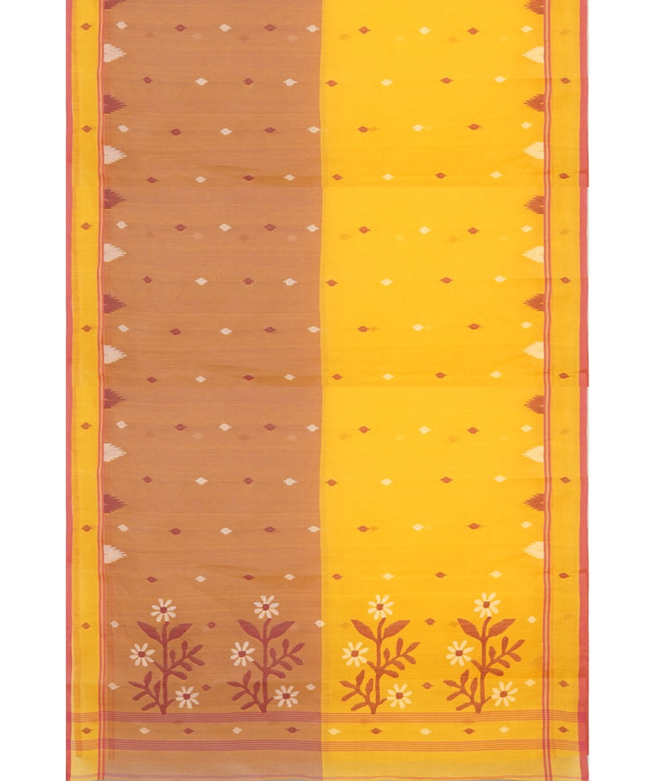 Tantuja brown yellow handloom cotton jamdani saree