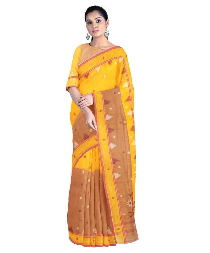 Tantuja brown yellow handloom cotton jamdani saree