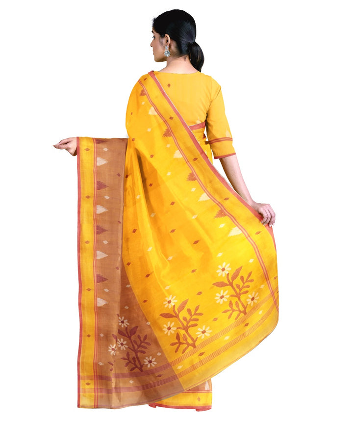 Tantuja brown yellow handloom cotton jamdani saree