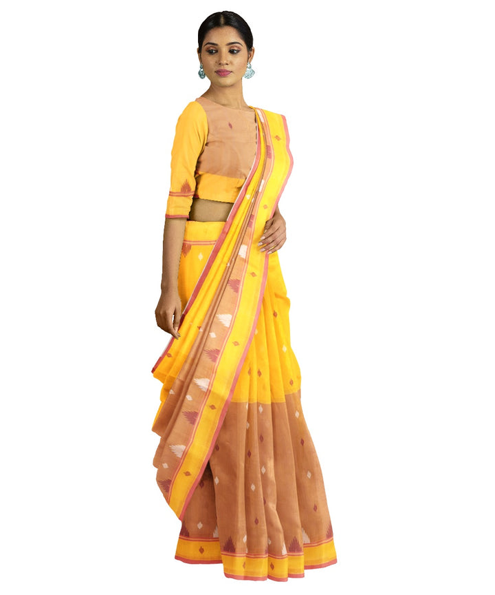 Tantuja brown yellow handloom cotton jamdani saree