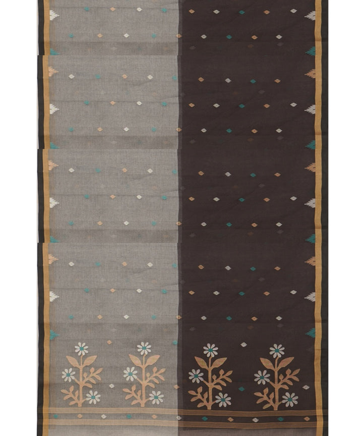 Tantuja dark brown grey handloom cotton jamdani saree