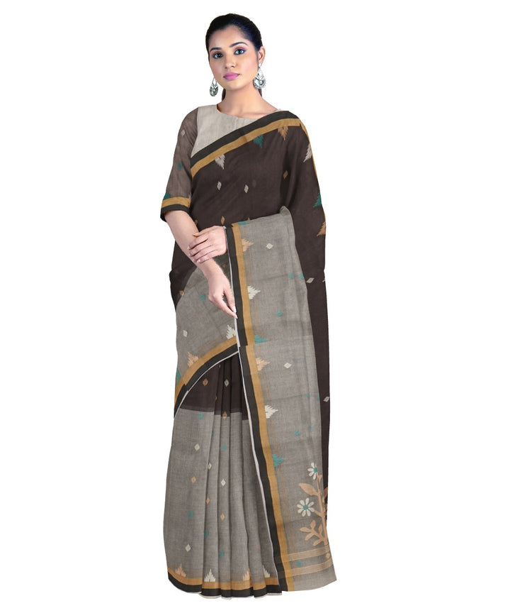 Tantuja dark brown grey handloom cotton jamdani saree