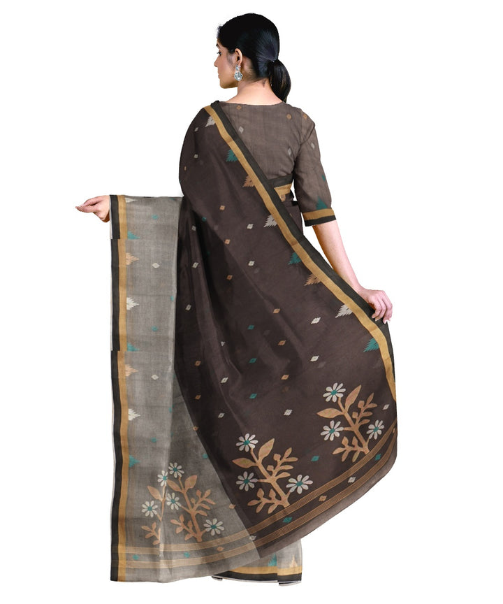 Tantuja dark brown grey handloom cotton jamdani saree