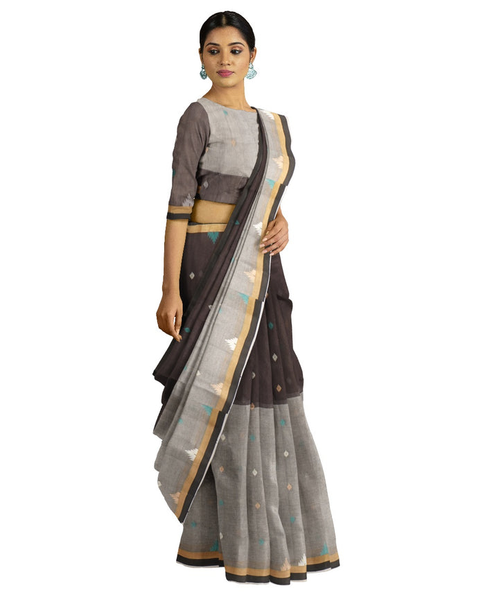 Tantuja dark brown grey handloom cotton jamdani saree